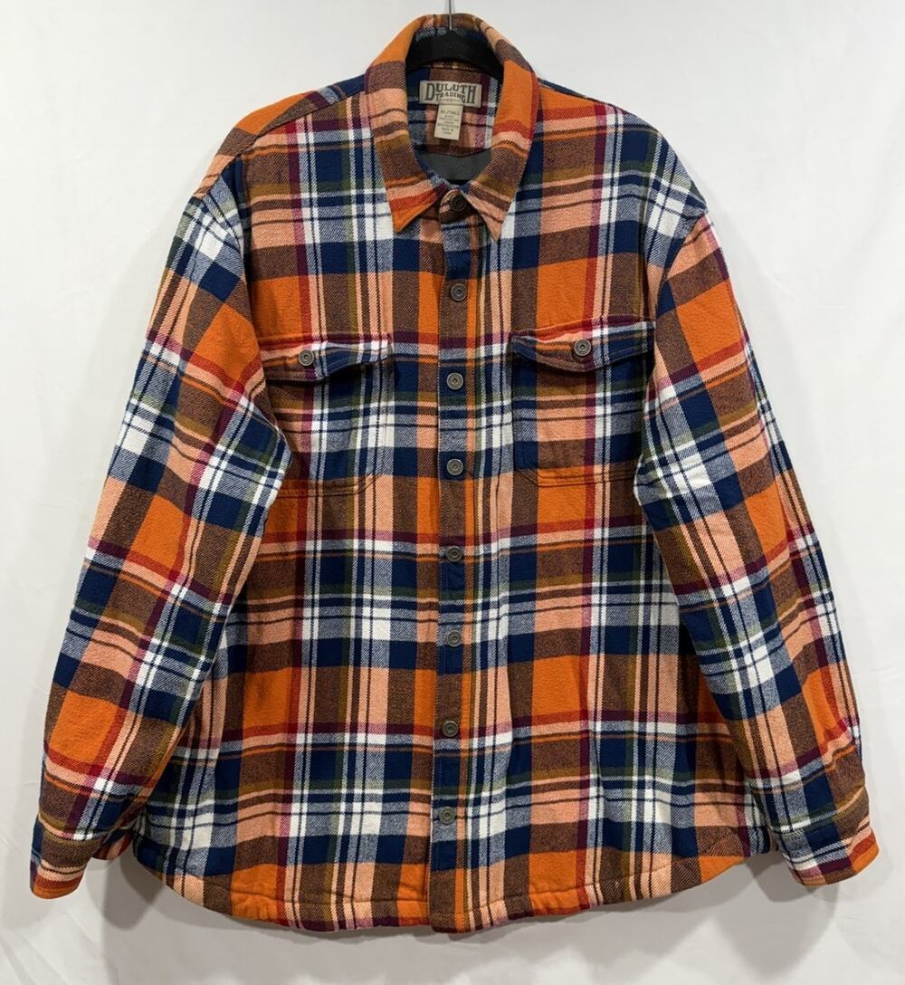 Duluth Trading Shacket Mens XLT Orange Plaid Flannel Fleece Lined Shirt Jacket